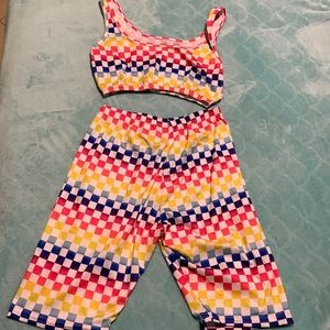 colorful checker board pattern two piece set